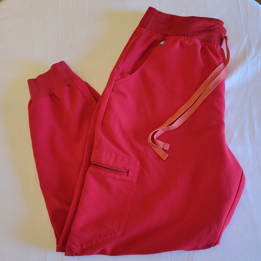 Figs Women's Track Joggers in Bright Red with Pink Drawstrings